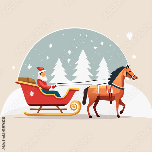 Santa claus driving horse drawn sleigh in snow