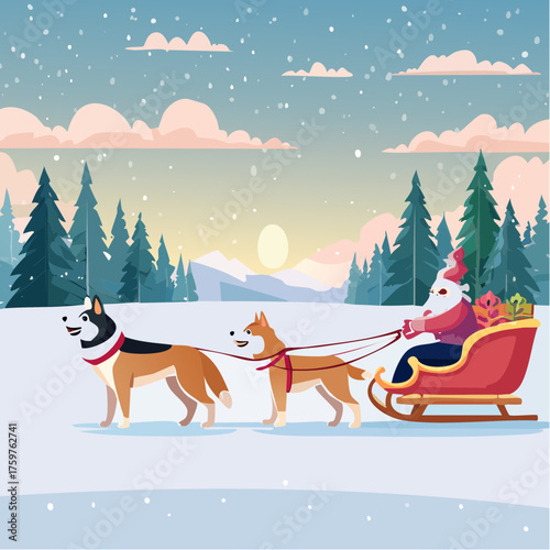 Santa Claus sleigh ride with dogs in snow