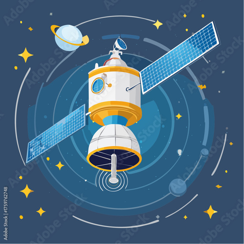 Satellite in deep space with planets and stars