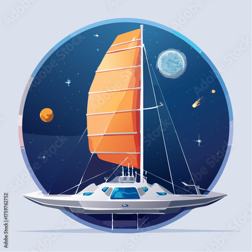 Sailing spaceship through starry cosmos with planets