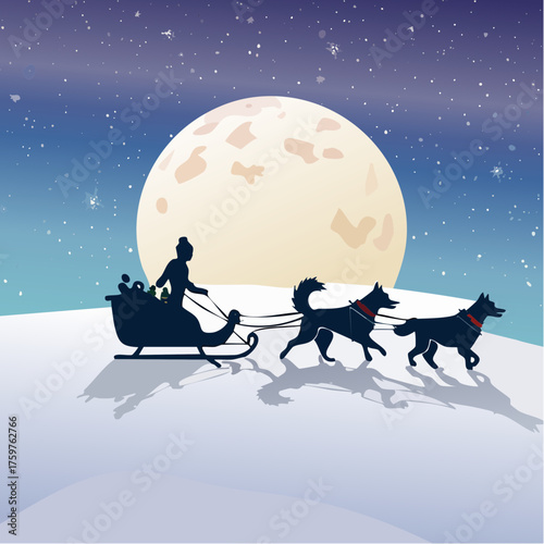 Santa sleigh pulled by dogs under moon