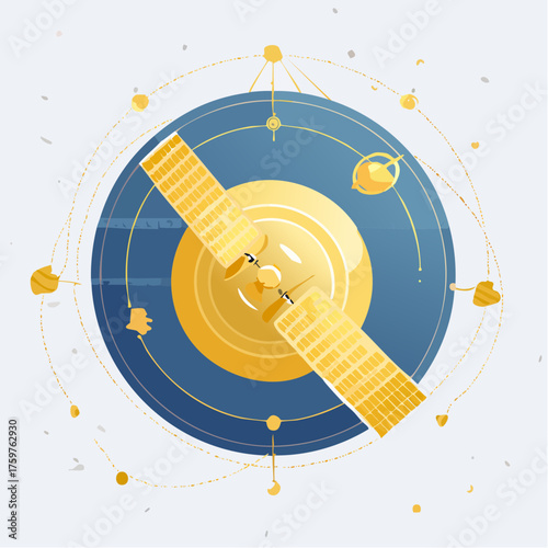 Satellite orbiting planet with moons and stars