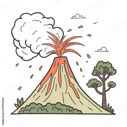 Fiery volcano erupting with lava ash and smoke under a starry night sky isolated on transparent background