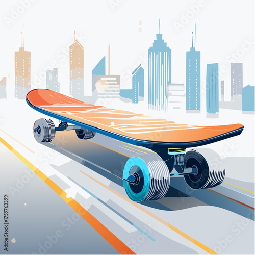 Skateboard riding on city street background