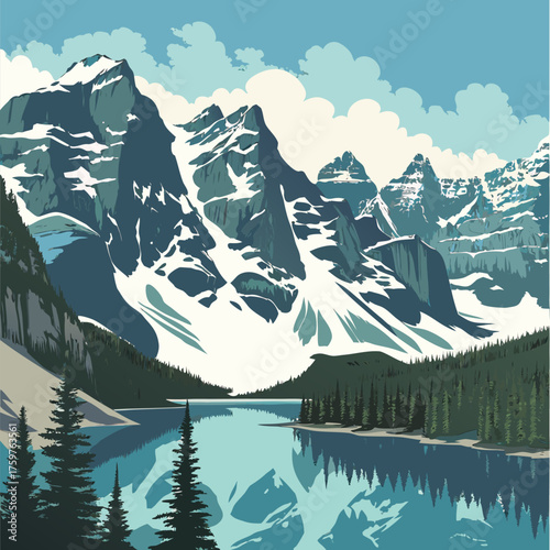 Stunning mountain lake view with snow-capped peaks and evergreen forests, perfect for travel posters, nature tourism campaigns, and outdoor adventure promotions