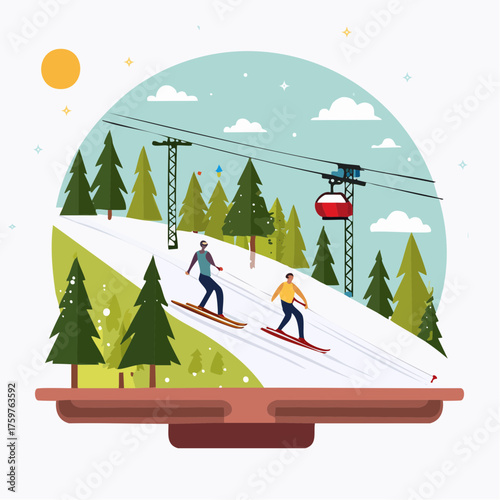 Skiing down snowy slope with ski lift