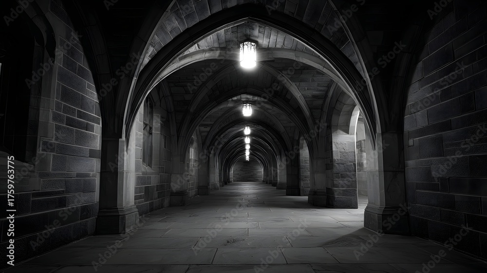 Obraz premium Dark stone corridor with arched ceiling and hanging lights.