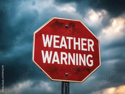 Urgent weather warning sign alerts travelers to impending storm danger on a dramatic cloudy sky backdrop