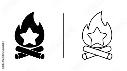 Campfire icon set with outline and solid styles
