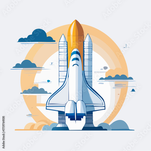 Space shuttle launch with clouds and sun flare