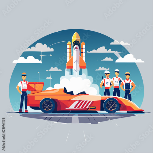 Space shuttle launch with race car and crew