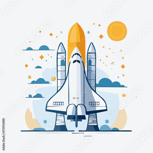 Space shuttle launching into orbit with sun