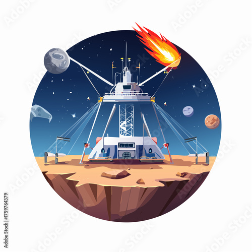 Space station on alien planet with meteor