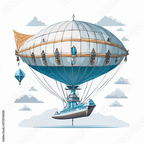 Steampunk airship floating in clouds
