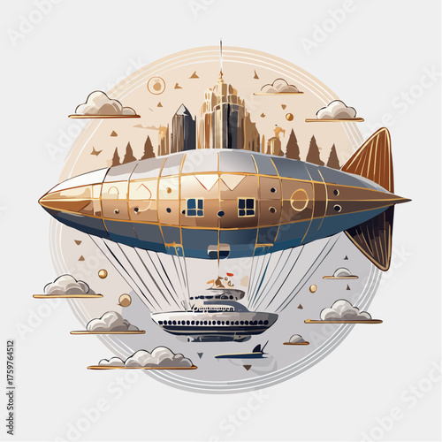 Steampunk airship above futuristic city