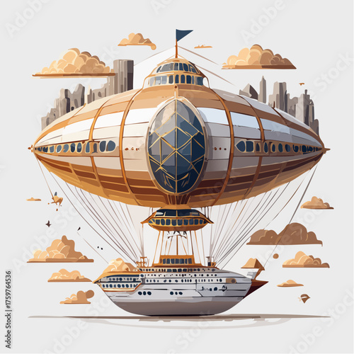 Steampunk airship over city skyline