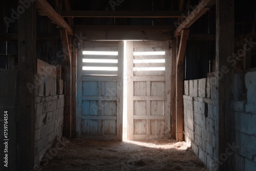 Sunlight Shines Through Weathered Wooden Barn Door Revealing Farm Life Aesthetics