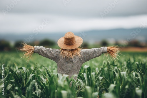 Scarecrow Stands Guard in Green Cornfield Against Backdrop of Moody Cloudy Sky on Farmland