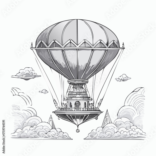 Steampunk hot air balloon over clouds
