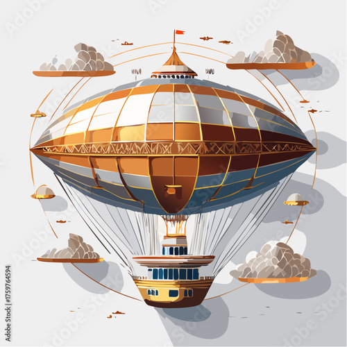 Steampunk hot air balloon with gondola in clouds