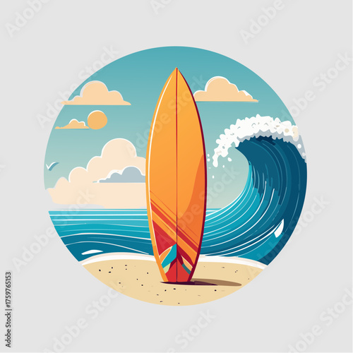 Surfboard on sandy beach with ocean wave