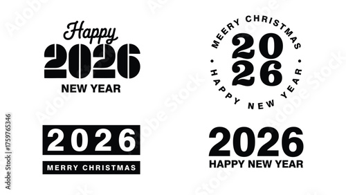 Black and white “2026” holiday set featuring four bold typographic layouts for New Year and Christmas greetings, ideal for festive graphic design