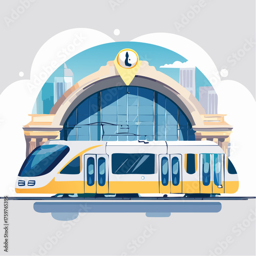 Train arriving at a modern station building