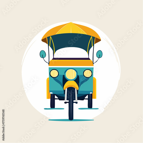 Tuk tuk vehicle front view with yellow canopy