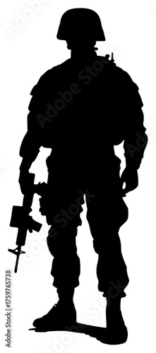 soldier on a transparent background, black, gun, hand, helmet, hold, man, silhouette, soldier, stand 