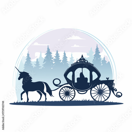 Unicorn pulling a carriage through forest