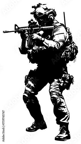 soldier in tactical gear holding a rifle on a transparent background, art, black, drawing, soldier 