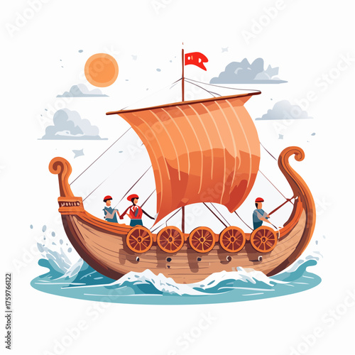 Viking ship sailing with orange sail