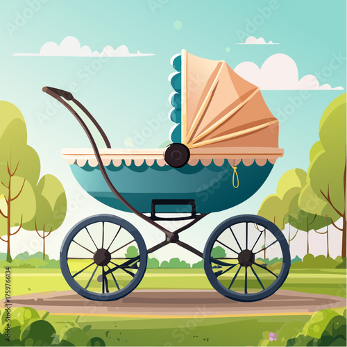 Vintage baby carriage in a park scene