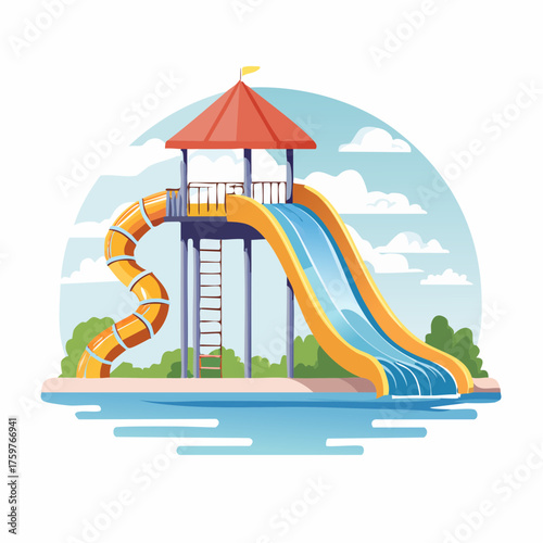 Water slide with pool and greenery