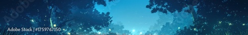 Panoramic view of the summer night landscape nature with fireflies illustration