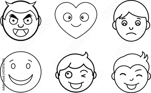 Black and White Emotion Faces Vector Set Cute Emoji Expressions Outline Illustration