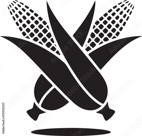 Two crossed corn cobs with leaves in silhouette illustration
