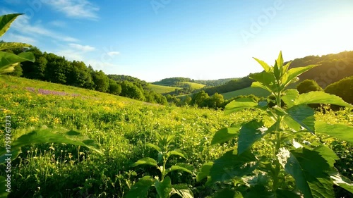 Lush Green Meadow and Rolling Hills Landscape on a Sunny Day