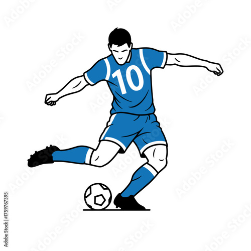 A football player in a blue jersey kicks a football on a transparent background