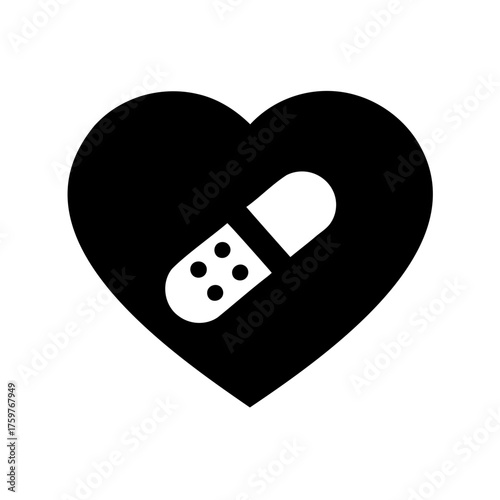 Bandage on heart, first aid, healthcare concept illustration in black and white