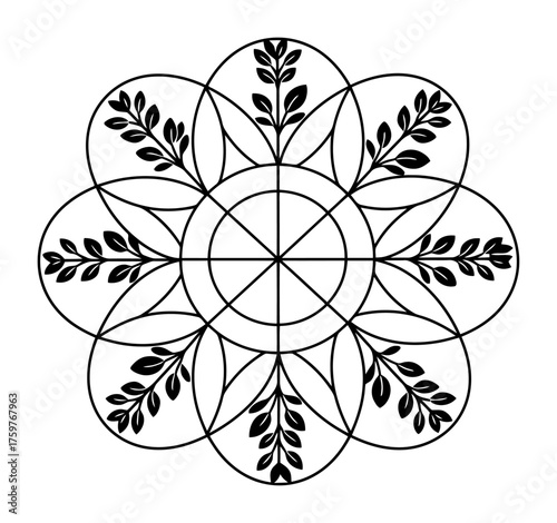 Minimalist Mandala Garden Vector Art: Botanical Growth Cycle, Sacred Geometry Flora