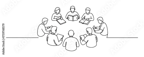 Minimalist Book Club Reading Circle Line Art Vector, Literary Discussion Community