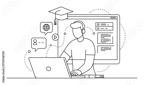 Minimalist Line Art Remote Learning Student Vector - Online Education Concept