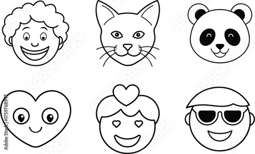 Cute Emoji Faces and Animal Icons Vector Set Black and White Line Art Illustration