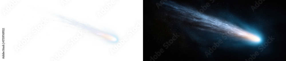 Fototapeta premium Cosmic Comet in Deep Space Captured with a Celestial View Display on Transparent and Black Background, png