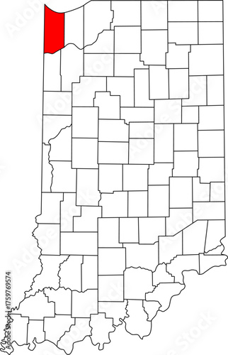 Detailed vector map of Indiana highlighting Lake County, a key industrial territory in Northwest Indiana situated on Lake Michigan, part of the Chicago metro area.