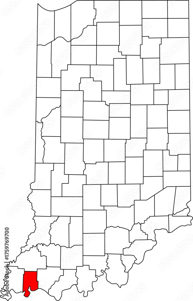 Fototapeta Detailed vector map of Indiana highlighting Vanderburgh County, a key Southwestern Indiana territory centered on Evansville, known for its river port and tri-state area location.