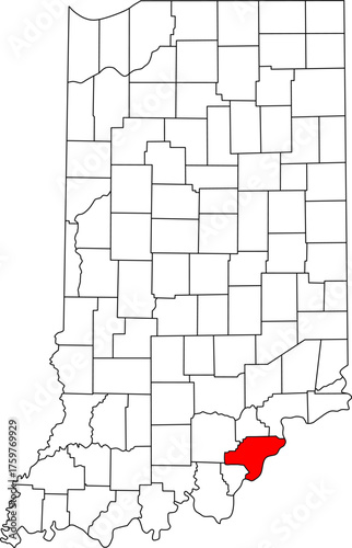 Detailed vector map of Indiana highlighting Clark County, a key Southeastern Indiana territory centered on Jeffersonville, located directly across the Ohio River from Louisville, Kentucky.