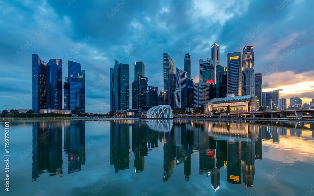 Fototapeta premium Singapore skyline reflecting in water at dusk scenic city view