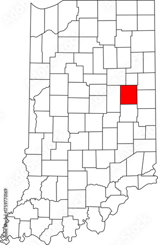 Detailed vector map of Indiana highlighting Delaware County, an East Central Indiana territory centered on Muncie, renowned as the home of Ball State University.